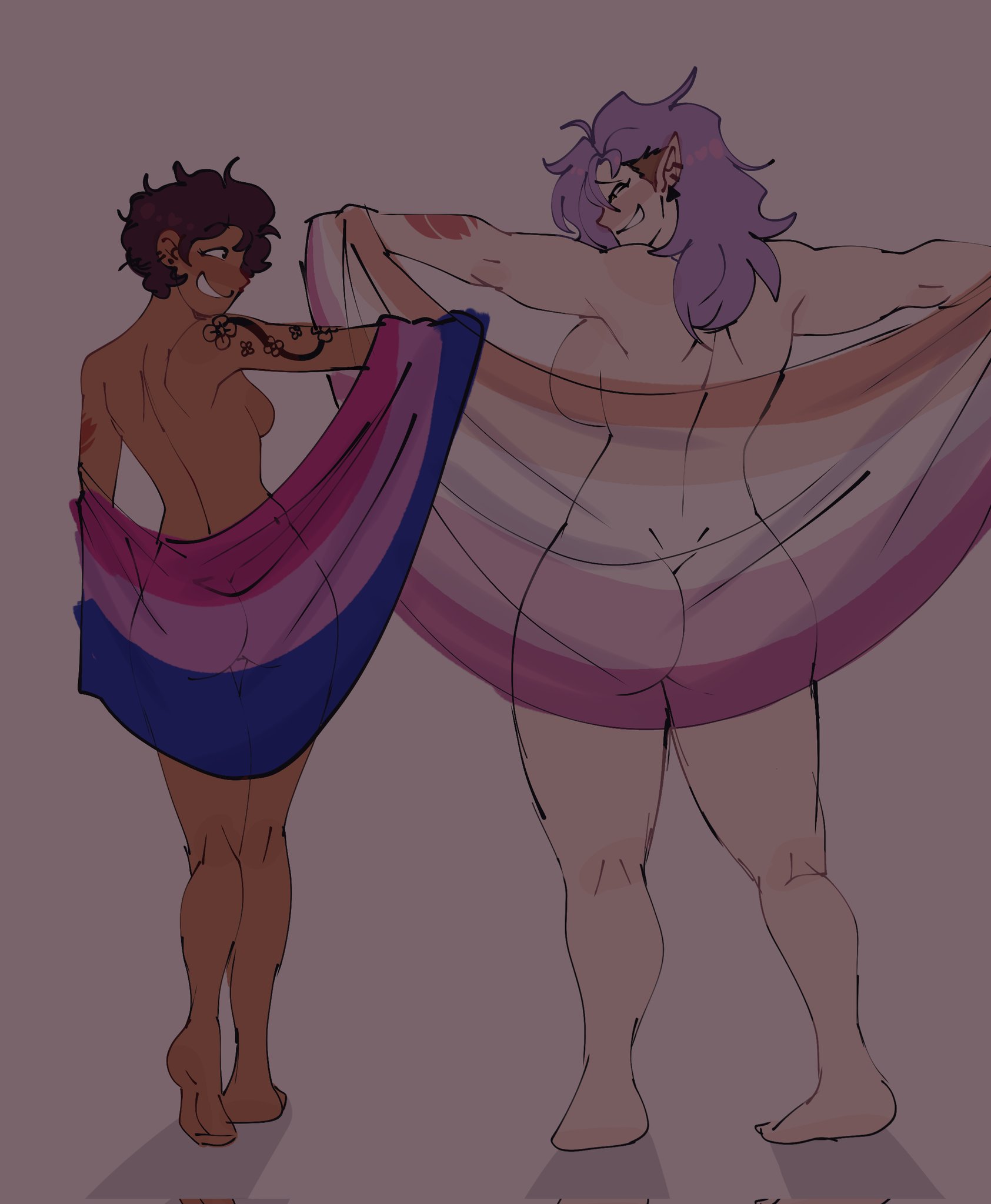 2girls, aged up, amity blight, ass, barefoot, bisexual flag, breasts, brown hair, canon couple, casual, completely nude, completely nude female, dark skin, female, female only, human, jontainaka, lesbian, lesbian flag, luz noceda, nonsexual, nonsexual nudity, nude, nude female, pale skin, purple hair, short hair, the owl house, the owl house (finale), yuri