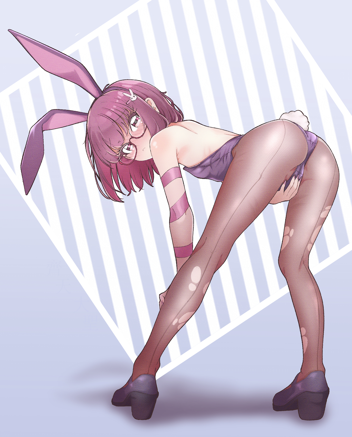 1girls, artist request, ass, ass focus, bunny ears, bunny girl, bunnysuit, cameltoe, fallen shadow, glasses, indie virtual youtuber, light-skinned female, looking at viewer, looking back, purple hair, rabbit ears, rabbit girl, shondo (fallen shadow), short hair, virtual youtuber, vtuber