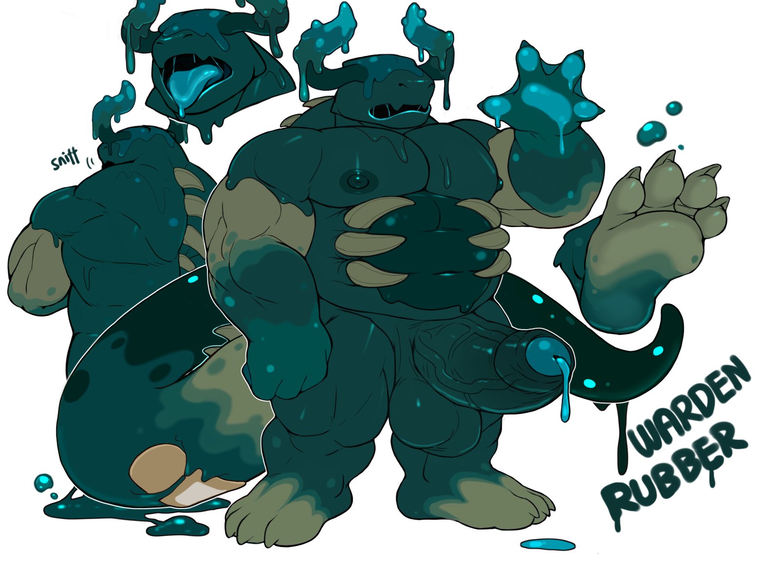 3 fingers, 4 toes, anthro, big cock, big dick, big penis, chubby, chubby anthro, chubby belly, chubby male, dripping, dripping liquid, gay, male, male/male, reference sheet, rubberbark, warden (minecraft)