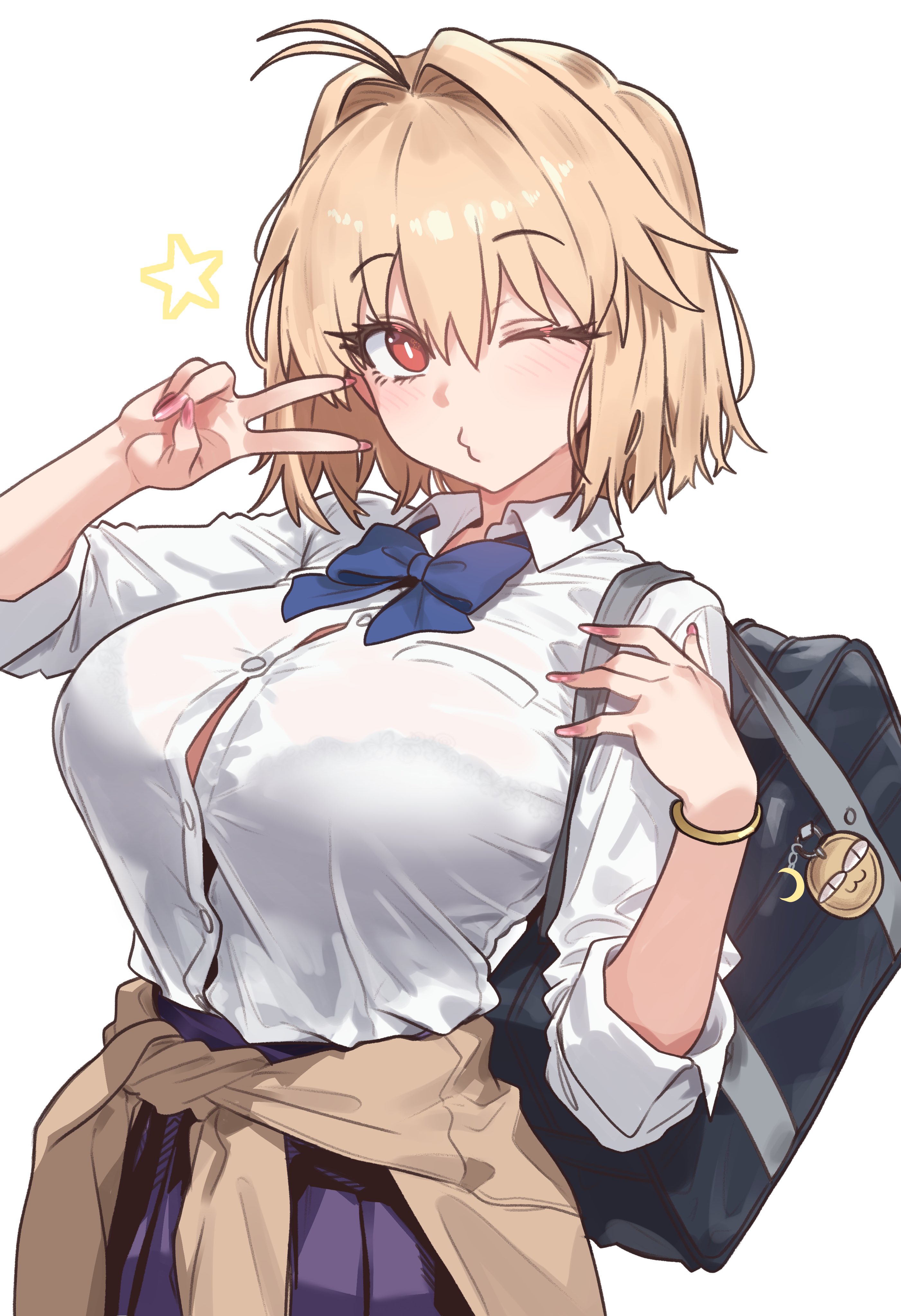 arcueid brunestud, big breasts, blonde hair, bowtie, button down shirt, button gap, buttons, ebora, huge breasts, large breasts, peace sign, tsukihime, tsukihime (remake), winking at viewer
