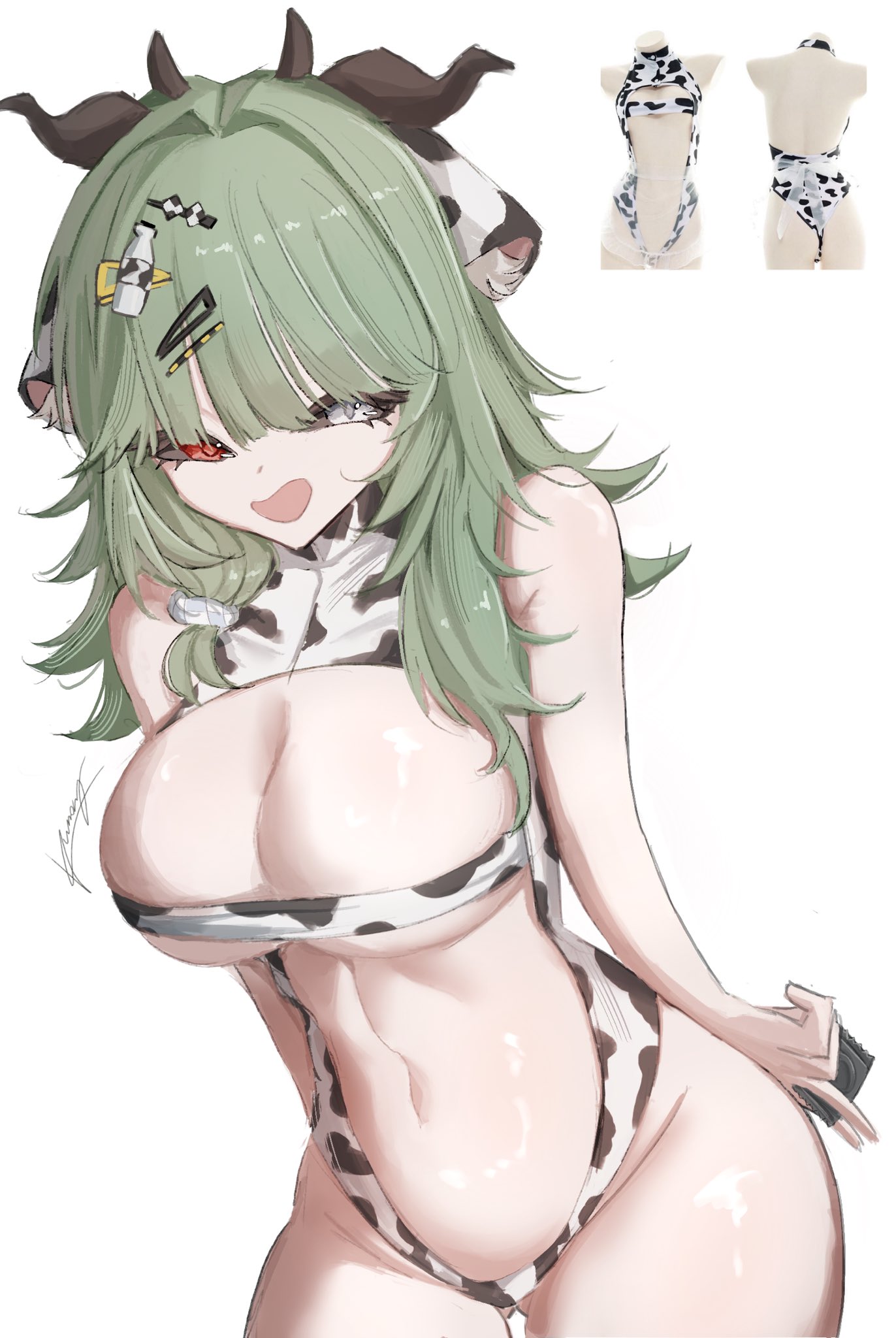 1girls, big breasts, breasts, clothing, color, condom, condom wrapper, cow girl, cow print, crelly, female, female focus, female only, green hair, heterochromia, indie virtual youtuber, kumoriillust, leaning forward, light skin, long hair, looking at viewer, open eyes, open mouth, open smile, red eyes, simple background, smile, standing, thighs, twitter link, virtual youtuber, vtuber, white background, white eyes