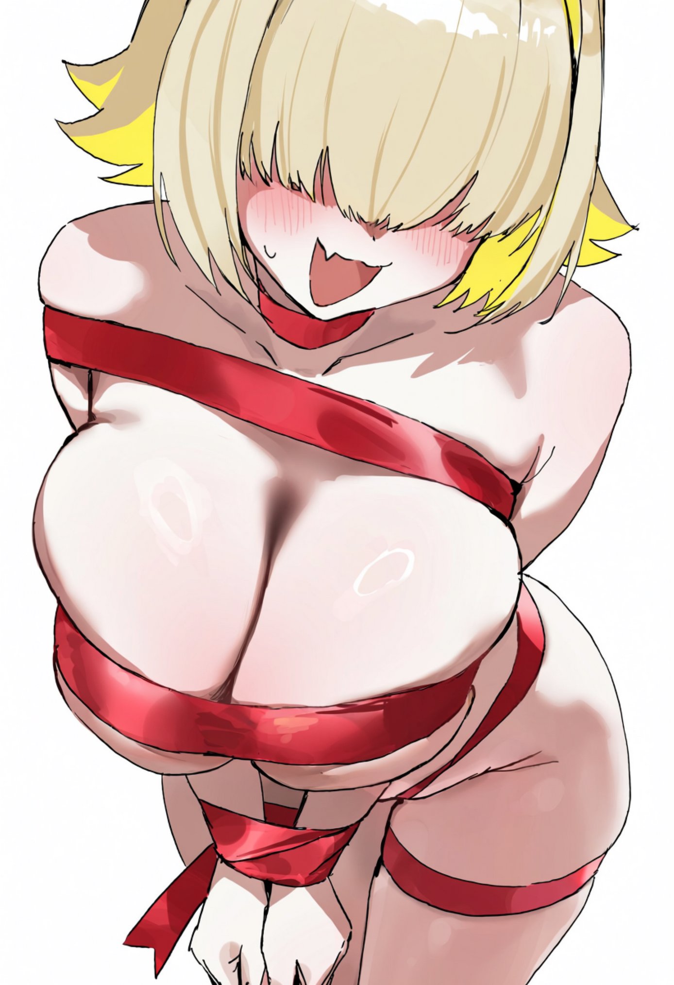big breasts, big thighs, blush, bow ribbon, breasts, chubby, covered eyes, covered nipples, elegg (nikke), goddess of victory: nikke, hair over eyes, ribbon, smile, tagme, thick, thick thighs, tied up, yassaimono