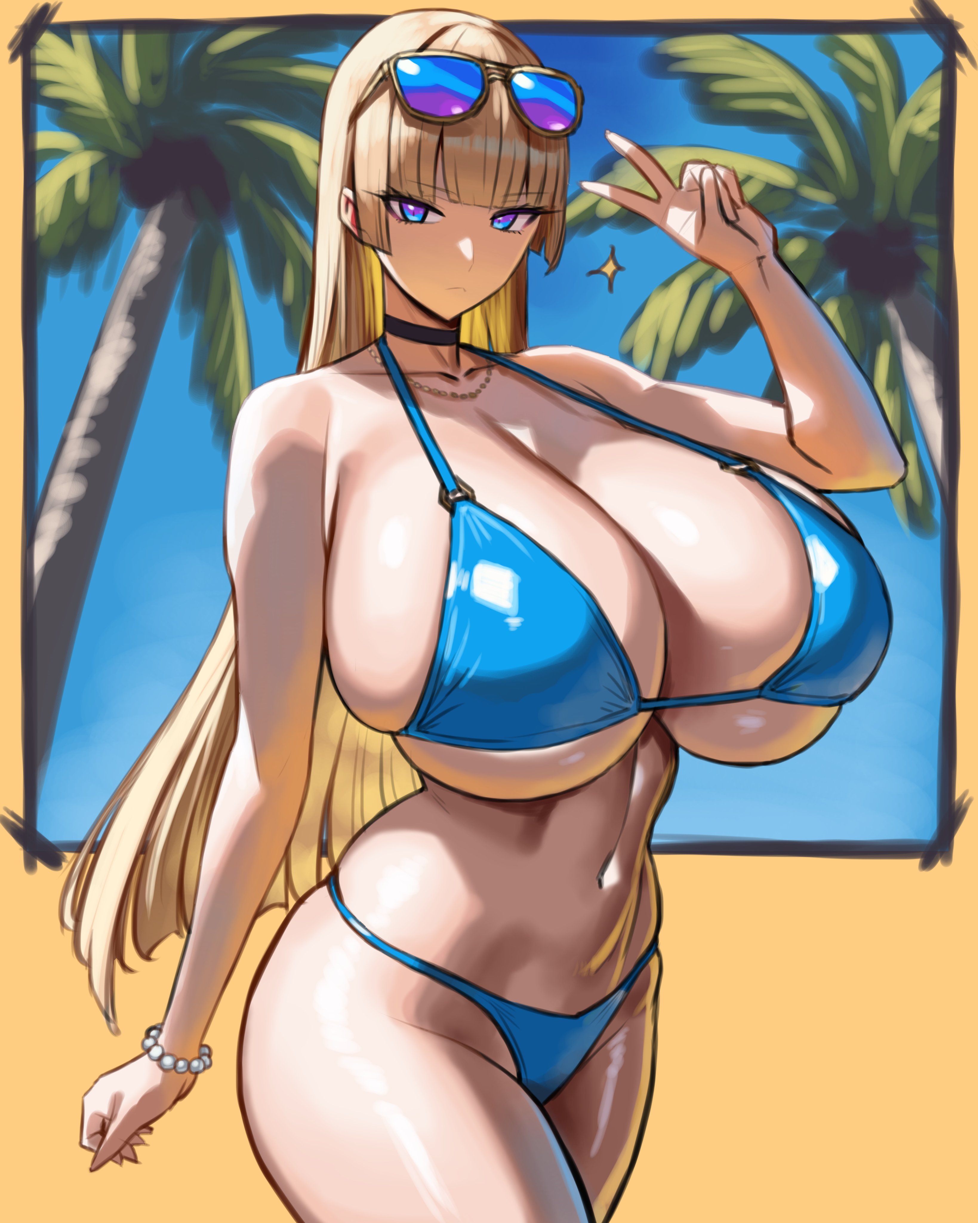 1girls, 2d (artwork), 2d artwork, 5 fingers, belly, big breasts, bikini, bikini top, blonde female, blonde hair, blonde hair female, blonde-haired female, blue eyes, breasts, clothed, clothes, clothing, digital drawing (artwork), digital media (artwork), ear, eyelashes, eyes, eyes open, female, female focus, female only, fingernails, fingers, half dressed, half naked, half naked female, half nude, half-dressed, hands, huge breasts, human, human female, humanoid, japanese text, large boobs, large breasts, large tits, light skin, light-skinned female, lina bell roll (michihasu), long hair, long hair female, looking at viewer, multicolored eyes, nail, nail polish, nailpolish, nails, nails painted, necklace, neckwear, no dialogue, nude, nude female, painted fingernails, painted nails, partially clothed, peace sign, revealing clothes, revealing clothing, revealing outfit, sexually suggestive, sexy, sexy body, slim, slim female, slim girl, smile, smiling, smiling at viewer, sparkle, sparkles, suggestive, suggestive look, sunglasses, sunglasses on head, swimwear, text, upper body, wolffeld price, yellow background, yellow hair
