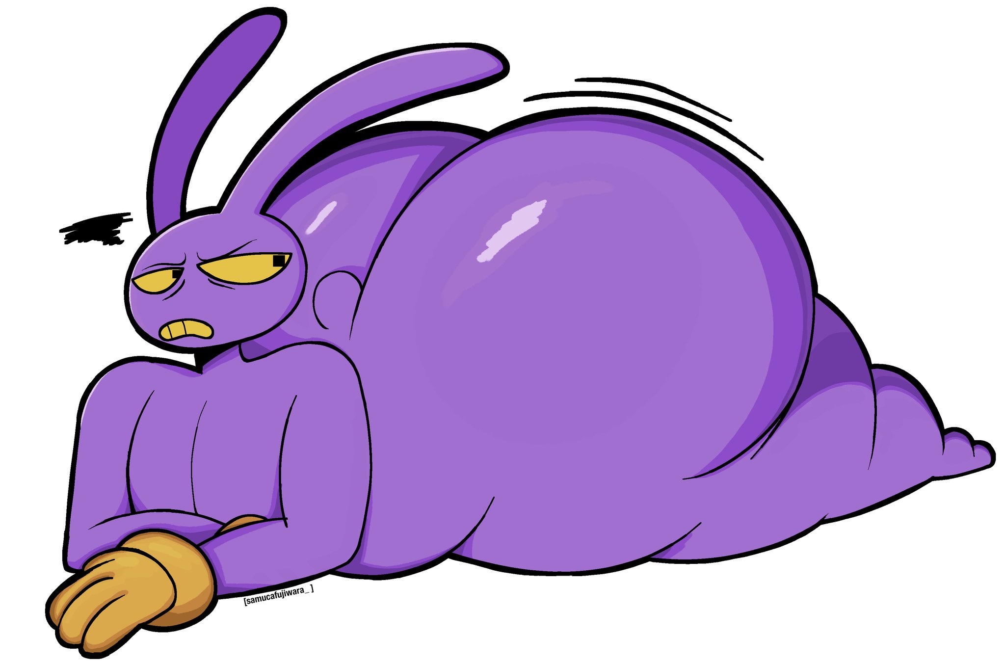 1boy, 2d, 2d (artwork), anthro, big ass, big ass (male), big butt, bottom heavy, bubble butt, bunny, curvy, curvy figure, curvy male, femboy, glitch productions, gloves, heavy bottom, huge ass, huge butt, humanoid, jax (tadc), jax (the amazing digital circus), lagomorph, large ass, male, male only, massive ass, massive butt, nude, nude male, purple skin, rabbit, samucafujiwara, simple background, solo, the amazing digital circus, thick ass, thick butt, yellow eyes