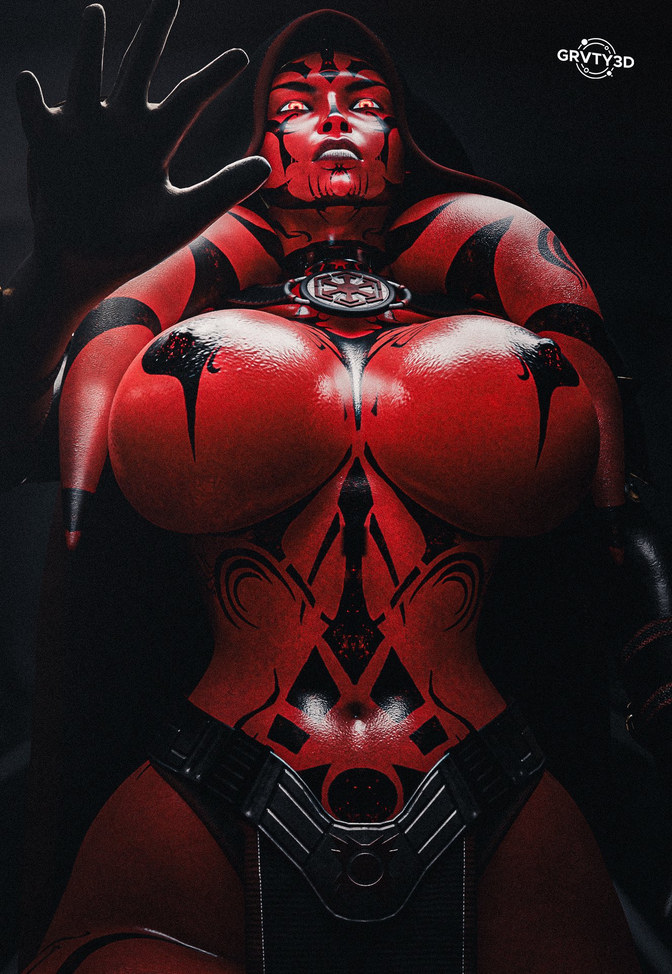 1girls, 3d, alien, alien girl, alien humanoid, big breasts, darth talon, grvty3d, huge breasts, large breasts, looking at viewer, red body, sith, star wars, twi'lek