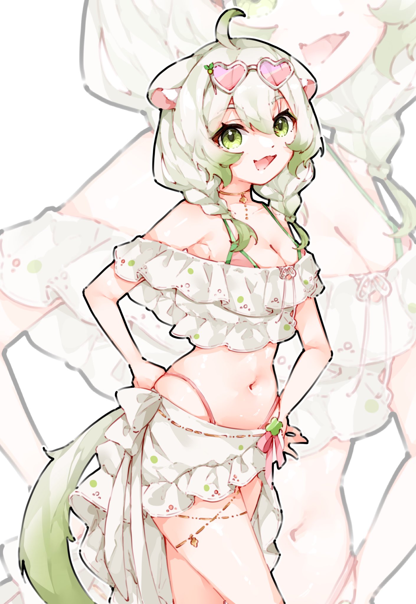 1girl :d ahoge animal_ears bikini braid breasts cleavage eyewear_on_head ferret_ears ferret_girl ferret_tail frills gold_choker gold_thighlet gradient_hair green_eyes green_hair green_tail hair_between_eyes heart heart-shaped_eyewear highres indie_virtual_youtuber jewelry laimu laimu_(summer) large_breasts limealicious_(summer) looking_at_viewer ma_draws medium_hair multicolored_hair navel open_mouth pink-tinted_eyewear pink_bikini sarong smile solo standing sunglasses swimsuit thighlet tinted_eyewear twin_braids virtual_youtuber white_background white_hair white_sarong
