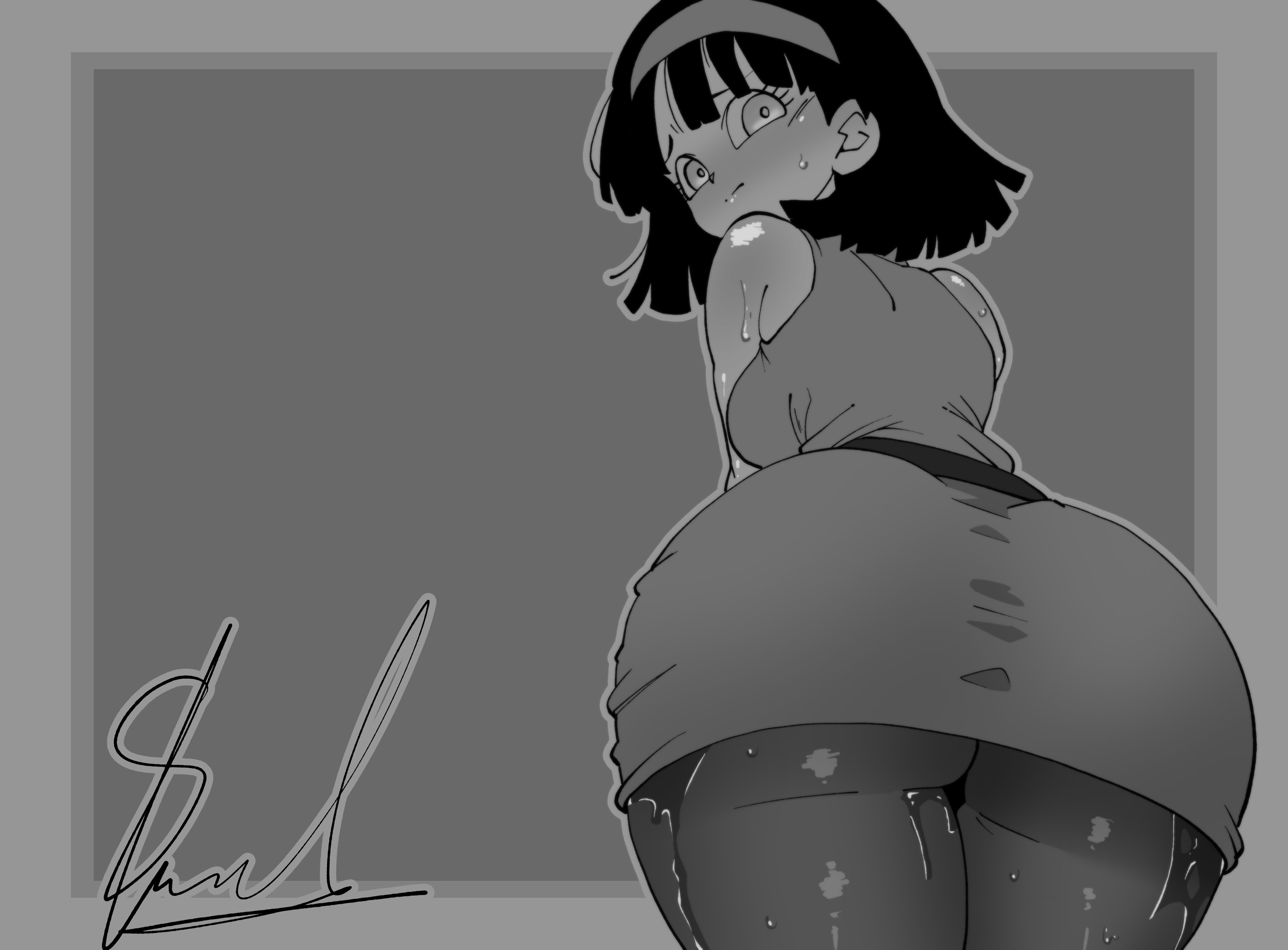 ass, ass focus, blush, blushing, blushing at viewer, clothed, clothing, dragon ball, dragon ball super, dragon ball z, exposed shoulders, flustered, flustered female, frowning, grayscale, gt animates, looking at viewer, looking back, low-angle view, shy, solo, sweat, sweatdrop, sweating, sweating body, tight clothing, videl, videl (short hair), wet, wet clothes