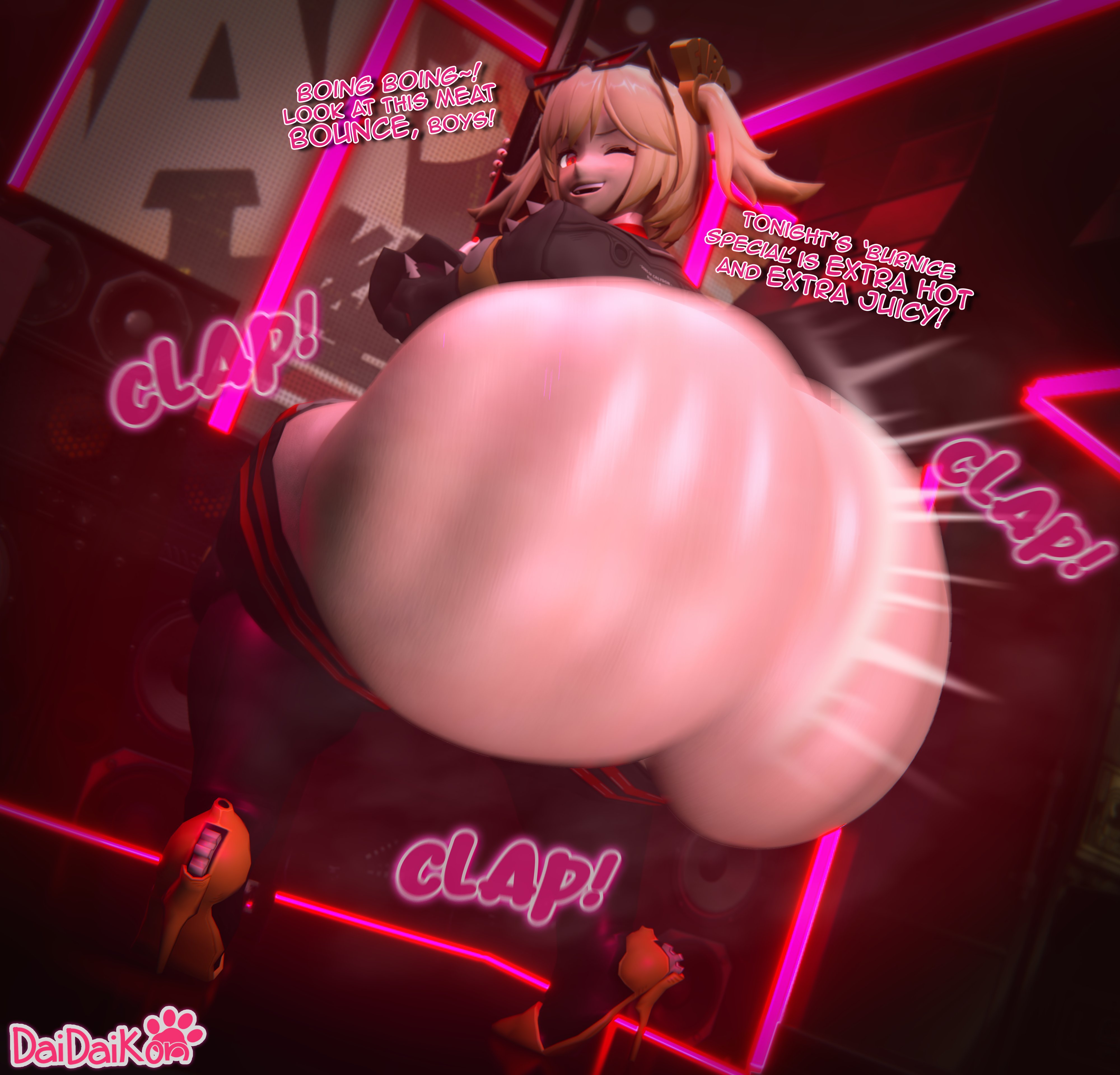 1girls, 3d, artist name, ass, ass bigger than head, ass body, ass focus, behind view, big ass, big butt, black thighhighs, blender, blonde hair, bottom heavy, bottomless, breasts, bubble ass, bubble butt, burnice white, clapping ass, clapping cheeks, clothing, curvaceous, curvy, curvy figure, daidaikon, dialogue, english text, eyewear on head, female, female only, from behind, full body, gigantic ass, gloves, high heels, huge ass, large ass, legwear, looking at viewer, looking back, looking back at viewer, mostly nude, one eye closed, onomatopoeia, open mouth, orange eyes, plap, pole, red eyes, smile, solo, solo female, sonivvnsfw, sons of calydon, squatting, stockings, stripper pole, text, thick thighs, thighhighs, thighs, twerking, twintails, voluptuous, voluptuous female, wide hips, zenless zone zero