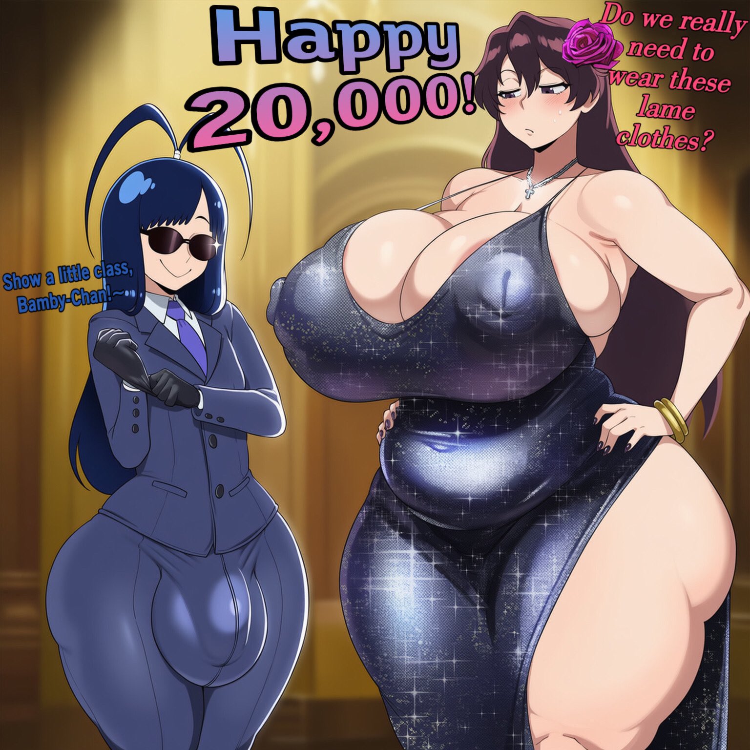 1femboy, 1girl, 2d, ahoge, ai generated, antenna hair, ass, balls, bambietta basterbine, big ass, big balls, big breasts, big butt, big cock, big penis, big testicles, big thighs, black gloves, bleach, blue hair, blue necktie, blue suit, blush, bracelet, breasts, brown hair, bubble butt, bulge, butt, cleavage, closed mouth, cock, covered nipples, covered penis, curvy, dress, english, english text, female, femboy, flower, formal, gigantic breasts, gigigens, giselle gewelle, gloves, hair flower, hair ornament, hands on own hips, height difference, huge ass, huge balls, huge breasts, huge butt, huge cock, huge penis, huge testicles, jacket, jewelry, large ass, large balls, large breasts, large butt, large cock, large penis, large testicles, large thighs, long hair, looking at another, massive balls, massive breasts, massive testicles, mature female, milestone celebration, necklace, necktie, nipple bulge, pants, penis, penis bulge, shirt, shorter femboy, smile, suit, sunglasses, taller female, testicles, text, thick ass, thick thighs, thighs, wide hips