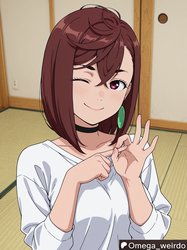 1girl, 1girl1boy, ai generated, ayase momo, brown hair, choker, dandadan, earrings, gesture, looking at viewer, medium breasts, medium hair, momo ayase, omega weirdo, patreon, red eyes, sex gesture, shirt, smile, smiling at viewer, tatami, tatami room, wink