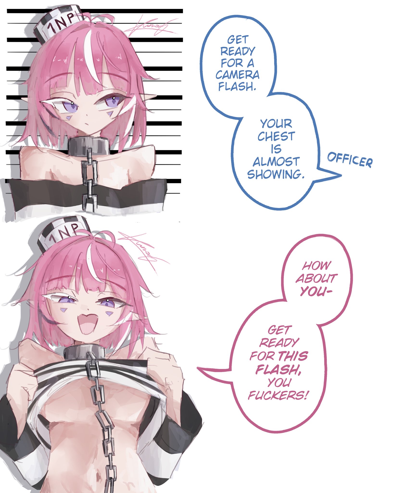 1girls, bra strap is showing (meme), breasts, camila (vtuber), clothed, clothed female, clothing, color, comic, criminal, dialogue, elf ears, english text, face markings, female, female focus, female only, flashing, flashing breasts, flat chest, indie virtual youtuber, kumoriillust, light skin, looking at viewer, open eyes, open mouth, pink hair, purple eyes, simple background, text, twitter link, virtual youtuber, vtuber, white background