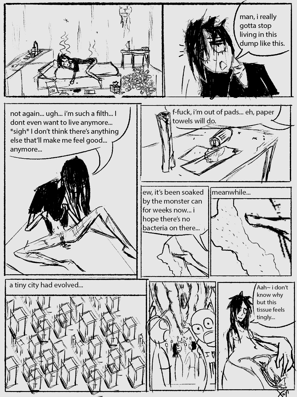 black_and_white comic female femcel giantess shrinking unaware unbirth unbirthing