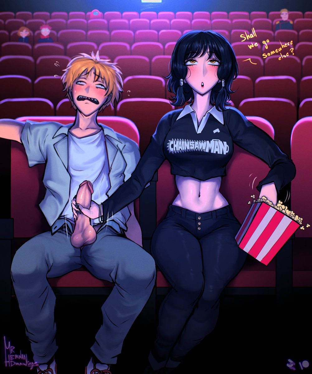 1boy 1girls black_hair blonde_hair blonde_hair_male chainsaw_man clothed croptop dark_hair denji_(chainsaw_man) female fumiko_mifune_(chainsaw_man) handjob jerking jerkingoff jerkingoff_another light-skinned_female light-skinned_male light_skin male movie_theater mrhernandrawings oral penis_out shounen_jump tagme theater