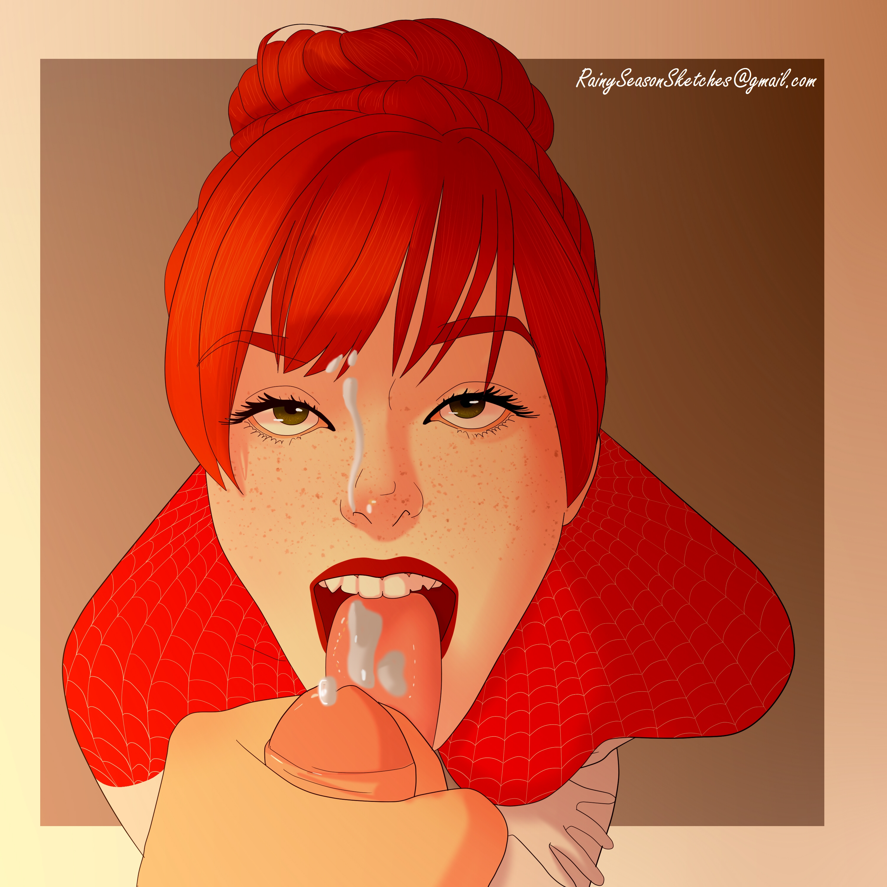 cum, cum in mouth, cum on face, ejaculation, female, ginger, green eyes, lipstick, male, marvel, marvel comics, mary jane watson, masturbation, milf, mother, open mouth, oral, rebeccarains, red hair, simple background, smile, spider-man (series), spinneret (mary jane watson), tongue, tongue out, unseen male face
