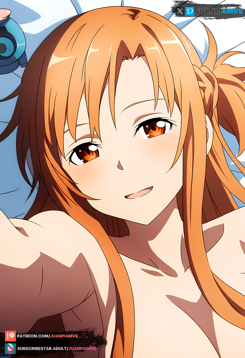 ai_generated awakening bed blonde_hair blush brown_eyes female juanpiamvs laying_on_bed long_hair looking_at_viewer nude nude_female patreon patreon_username smiling subscribestar subscribestar_username sword_art_online watermark yuuki_asuna