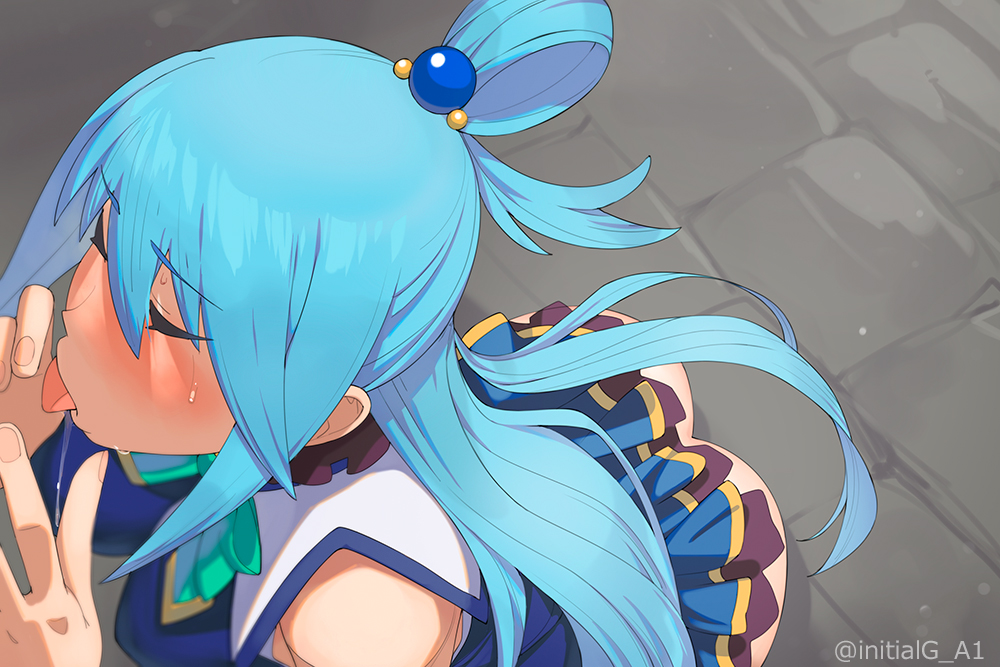 1girls a1 aqua_(konosuba) ass blue_hair blush closed_eyes commentary_request eyebrows_visible_through_hair female hair_between_eyes hair_rings implied_fellatio invisible_penis kono_subarashii_sekai_ni_shukufuku_wo! long_hair no_panties open_mouth saliva skirt solo sweat tongue tongue_out twitter_username