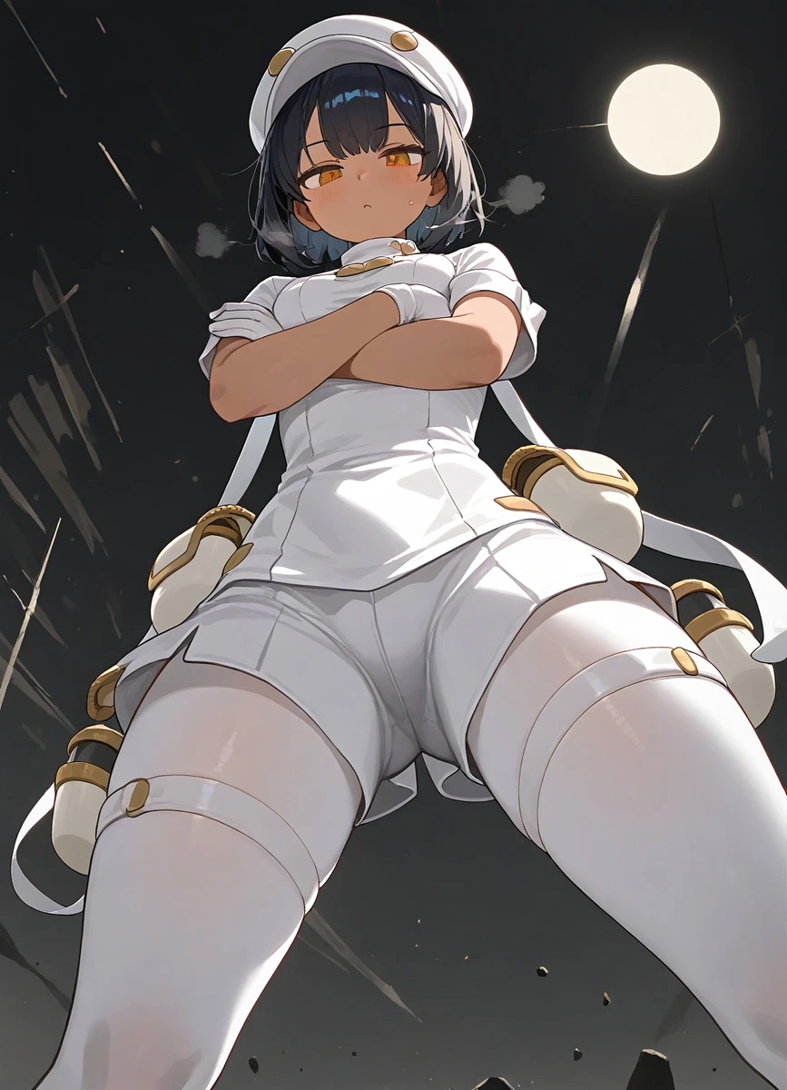 aether_foundation_employee ai_generated arms_crossed cute_dom cute_girl dark-skinned_female dominant_female emotionless emotionless_female femdom from_below genshin_impact looking_down looking_down_at_viewer low-angle_view uniform