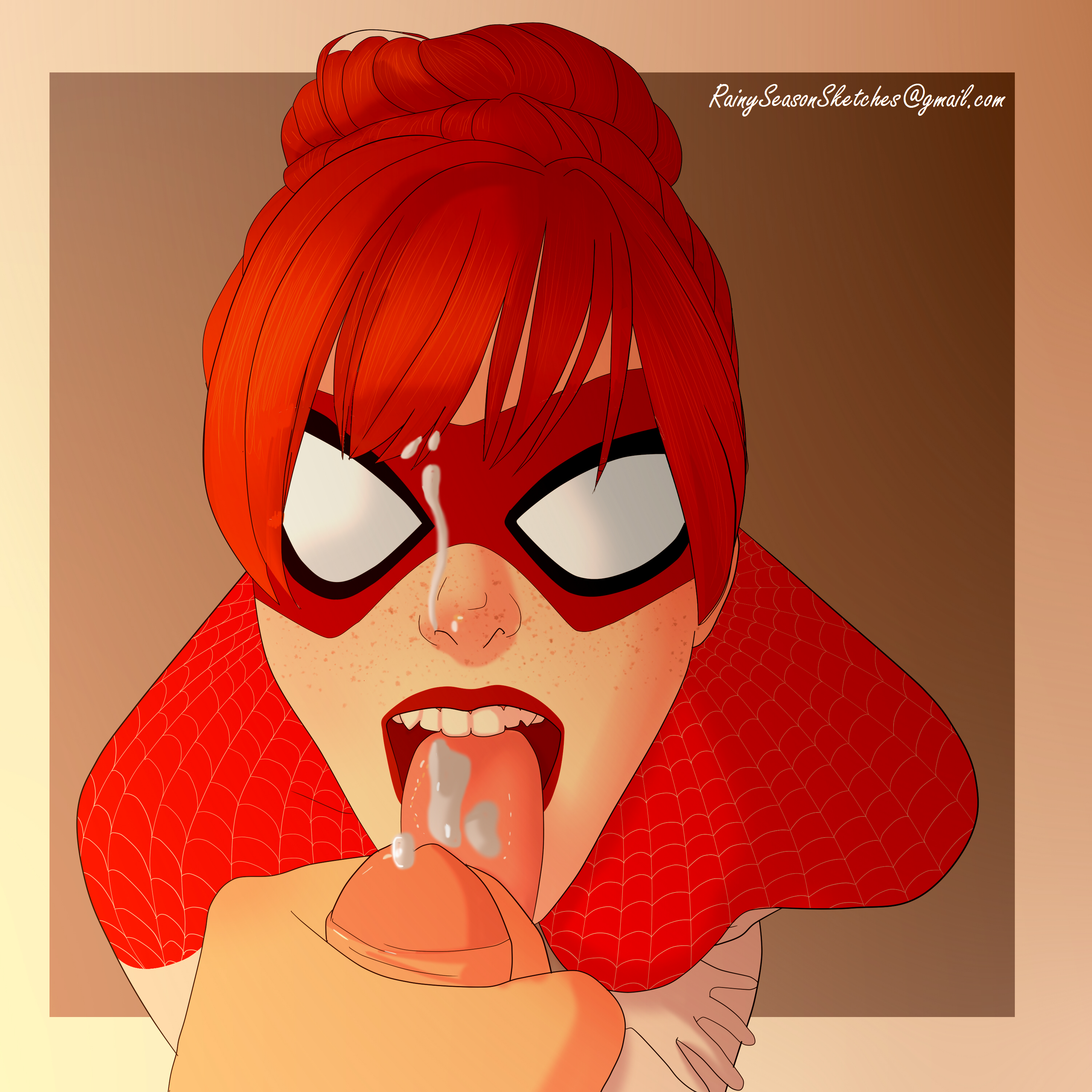 cum, cum in mouth, cum on face, ejaculation, female, ginger, lipstick, male, marvel, marvel comics, mary jane watson, mask, masked, masturbation, milf, mother, open mouth, oral, rebeccarains, red hair, simple background, smile, spider-man (series), spinneret (mary jane watson), tongue, tongue out, unseen male face