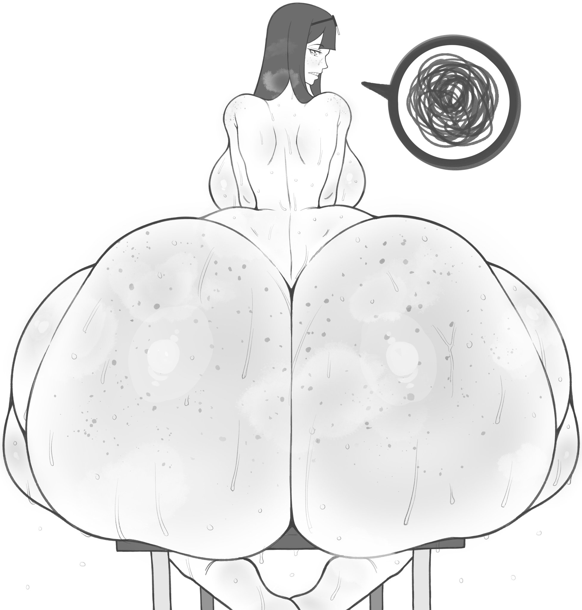 1girls, ass, barefoot, big breasts, black hair, breasts, completely nude, completely nude female, eizouken ni wa te wo dasu na!, female, female only, freckles, freckles on ass, full body, grumpy, hot dogging, hyper ass, kanamori sayaka, large ass, long hair, looking back, musk clouds, naked, naked female, nude, nude female, sitting, solo, solo female, sweat, sweaty ass, thanuki