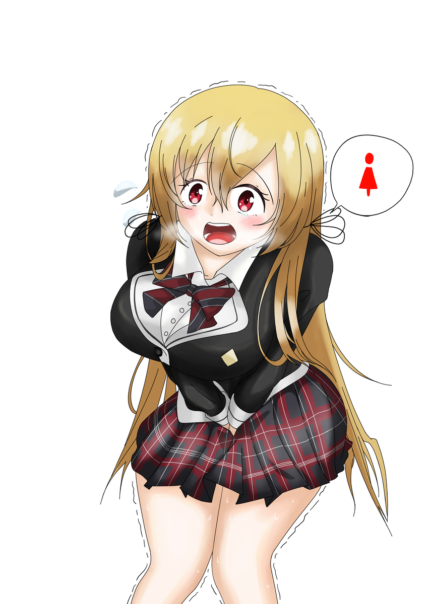 1girls blonde_hair breasts girigiri_out hand_between_legs have_to_pee large_breasts long_hair memoire miyagase_hana open_mouth pee_holding red_eyes school_uniform simple_background skirt sweat tongue white_background