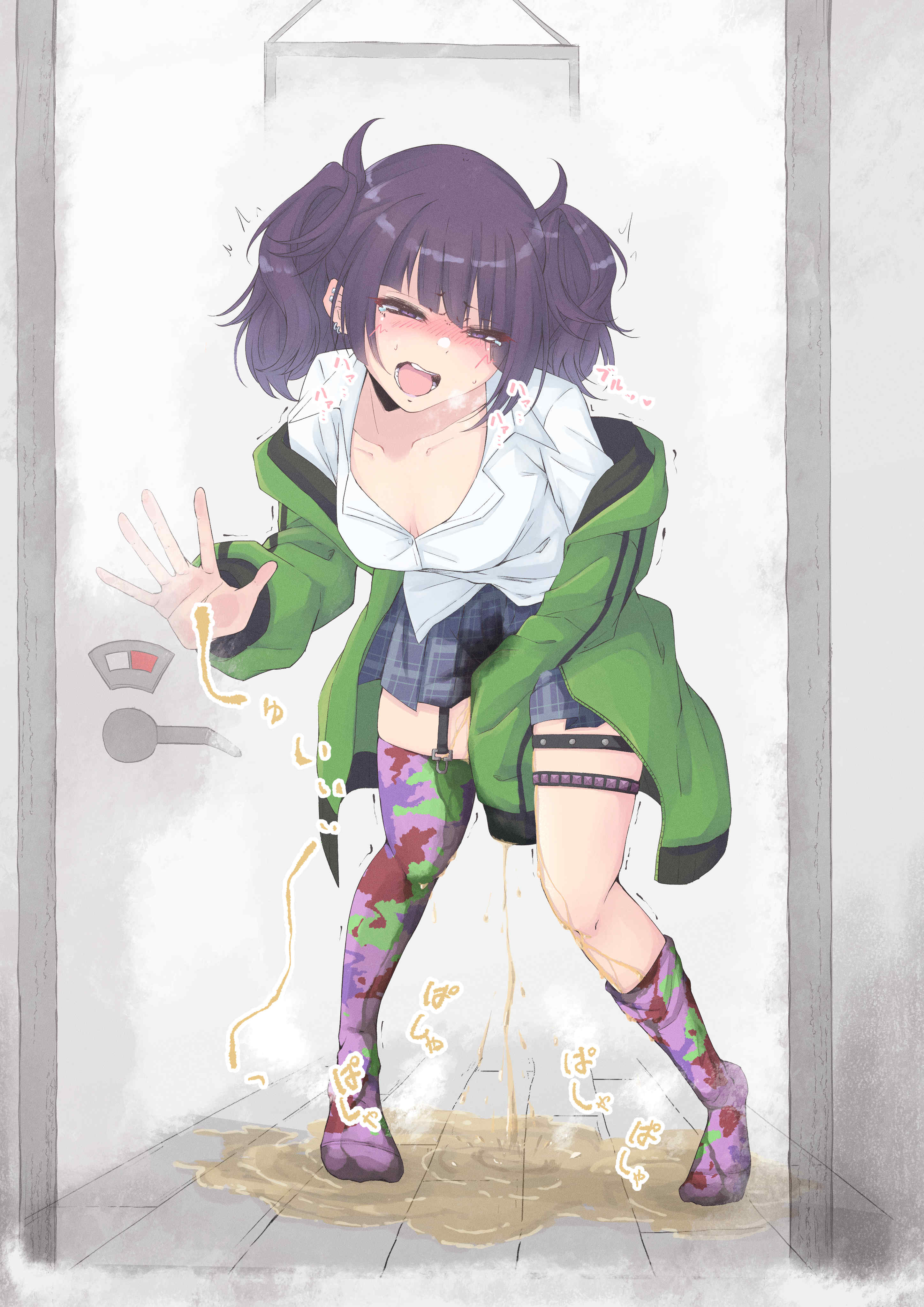 1girls, between legs, blush, breasts, camphor (camphor laurel), didn't make it in time, ear piercing, green jacket, hand between legs, hand between own legs, idolmaster, idolmaster shiny colors, jacket, large breasts, matching hair/eyes, open mouth, peeing, peeing self, piercing, puddle, purple eyes, purple hair, short hair, skirt, stained skirt, tanaka mamimi, thighhighs
