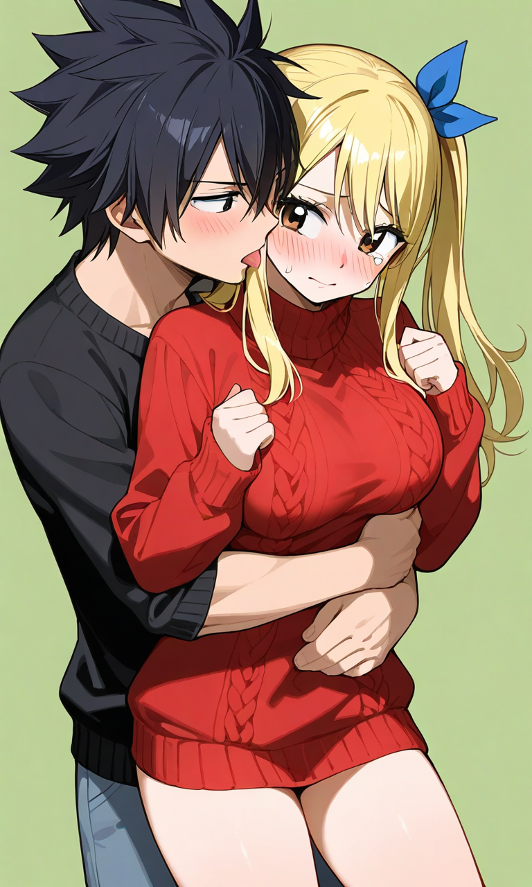 ai_generated black_hair blonde_hair embarrassed fairy_tail gray_fullbuster licking_cheek lucy_heartfilia red_sweater romantic_couple