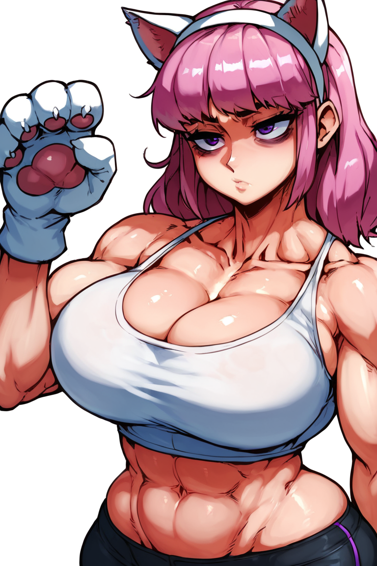 1girl 1girls abs ai_generated alternate_muscle_size bags_under_eyes biceps big_eyes black_pants black_t-shirt bodybuilder broad_shoulders cat_ear_hairband cat_gloves cat_paws cleavage collarbone cute groin_tendon large_breasts medium_hair midriff muscular muscular_female obliques oc original_character pale_skin paw_pose pectorals pink_hair purple_eyes serious simple_background skindentation sleep_deprived sleepiness solid_background t-shirt toned toned_female triceps upper_body v-taper vector_trace white_background white_cat_ear_hairband wide_hips