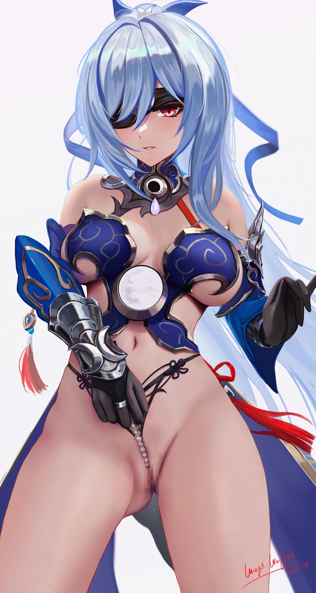 bare_shoulders black_blindfold black_gloves blindfold blue_sleeves blush breasts censored detached_sleeves female gloves honkai:_star_rail honkai_(series) jingliu_(honkai:_star_rail) large_breasts long_hair looking_at_viewer medium_breasts meginalter mosaic_censoring navel one_eye_covered parted_lips pussy red_eyes simple_background solo stomach thighs white_background white_hair