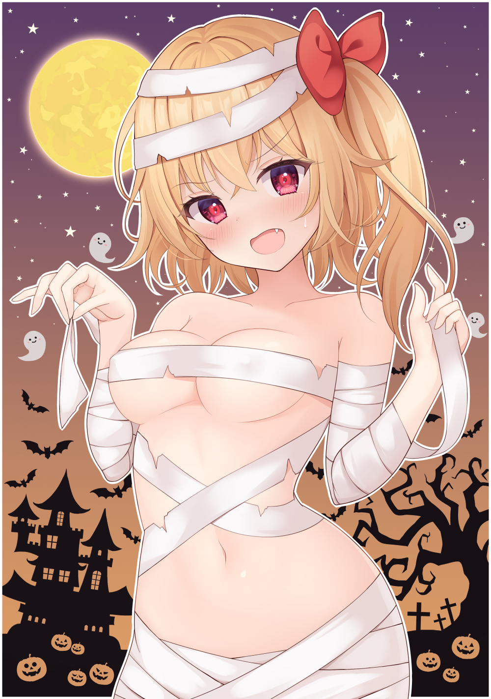 1girls belly_button blush embarrassed female female_only flandre_scarlet frown half_naked halloween halloween_costume medium_breasts mummy mummy_costume nipple_bulge open_mouth red_bow red_eyes solo suigetsu_(watermoon-910) sweat touhou