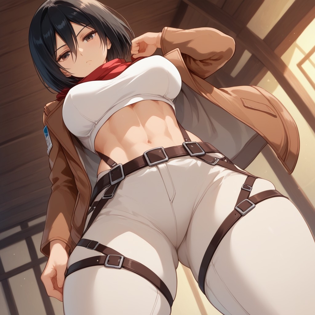 abs ai_generated altnerd attack_on_titan before_sex belt big_breasts black_eyes black_hair crop_top eren_jaeger indoors jacket mikasa_ackerman pov red_scarf tight_clothing toned_female white_panties white_shirt