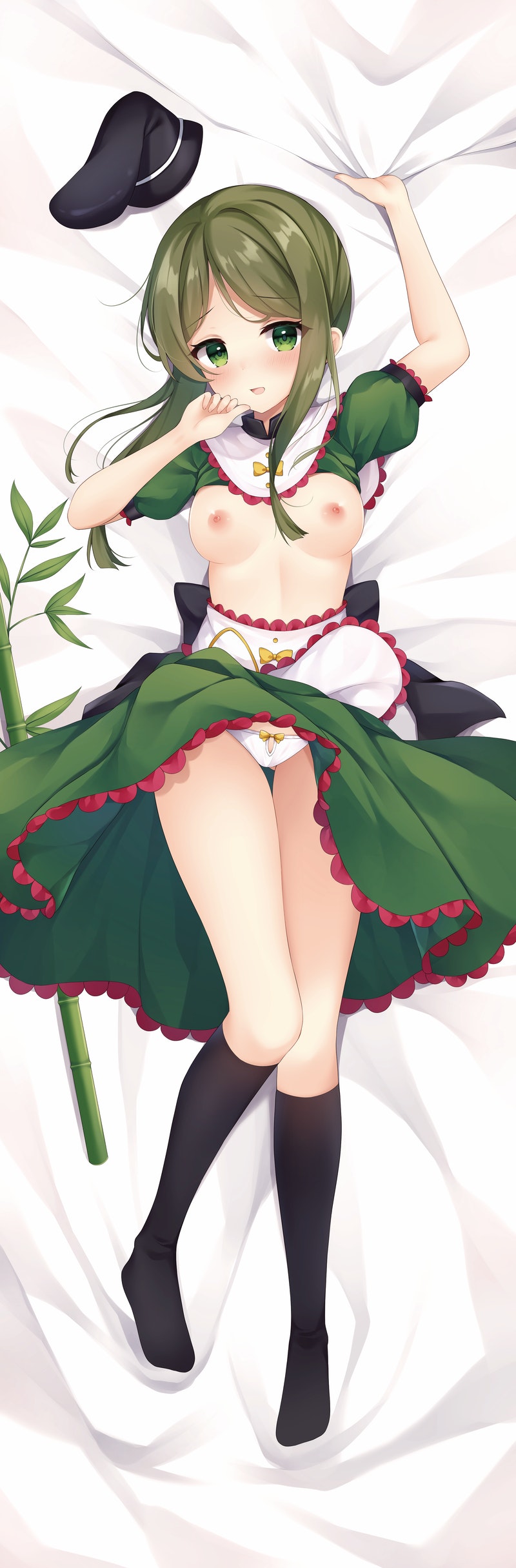 1girls breasts breasts_out dakimakura green_eyes green_hair hat kneehighs medium_breasts miy@ nipples on_back on_bed open_mouth socks teireida_mai touhou