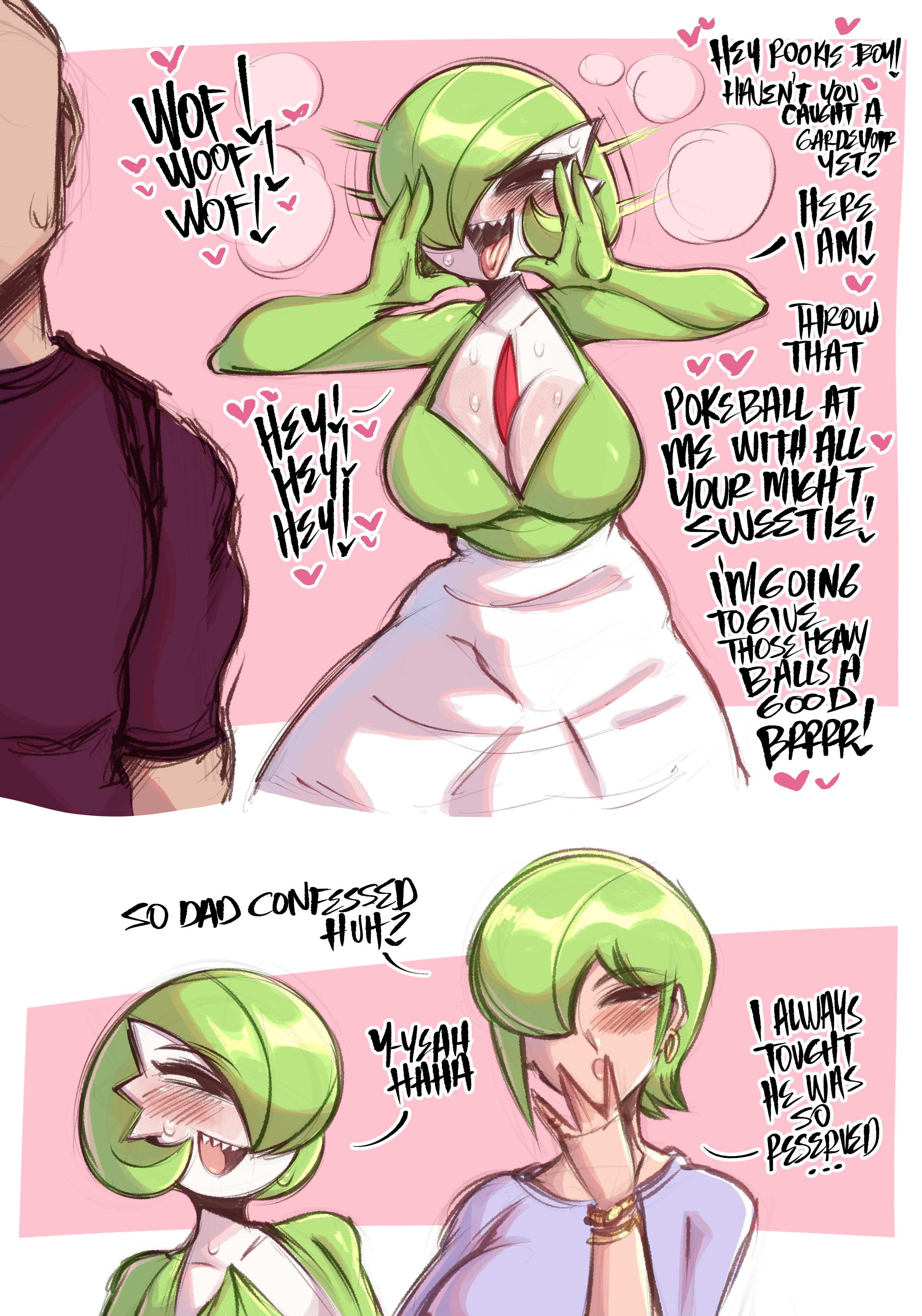 1boy, 2girls, absurd res, anthro, big breasts, black eyes, blush, cleavage, dialogue, english text, eyelashes, female, female focus, gardevoir, generation 3 pokemon, heart, heavy balls, heavy blush, male, narrowed eyes, naughty face, nintendo, open mouth, pokemon, pokemon (species), saltyxodium, sharp teeth, text, tongue out, voluptuous, voluptuous female