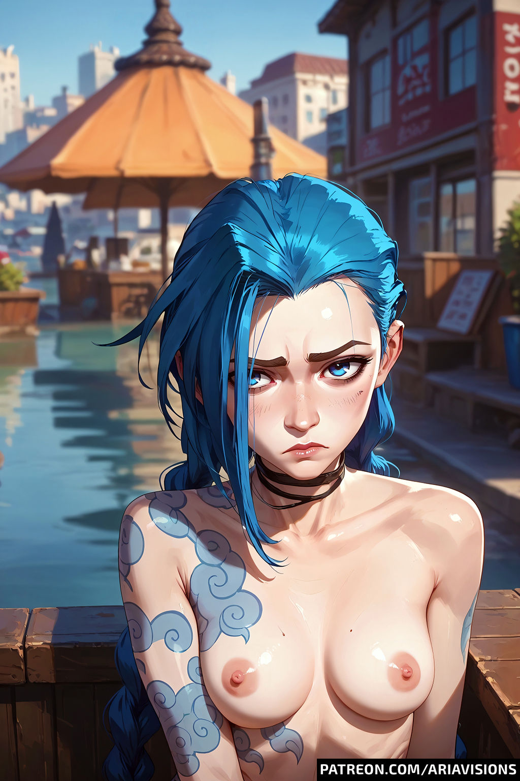 ai_generated arcane arcane_jinx ariavisions blue_hair braids jinx_(league_of_legends) long_hair nude public purple_eyes shy tattoos