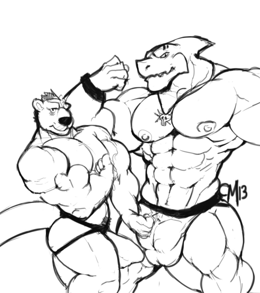 anthro big_muscles bulge clothed clothing cursedmarked duo erection erection_under_clothes fish flexing greyscale jewelry jockstrap looking_at_viewer male male_only mammal marine markshark monochrome muscular muscular_male mustelid necklace otter pecs penis_outline shark topless underwear