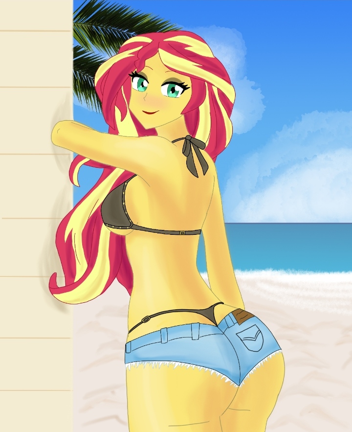 1girls alternate_version_available back-tie_bikini big_ass big_butt bikini black_bikini black_bra black_panties booty_shorts deviantart_link equestria_girls female female_only hasbro long_hair looking_at_viewer minishorts my_little_pony sarahthefox97 short_shorts shorts smile smiling smiling_at_viewer solo sunset_shimmer two_tone_hair yellow_skin