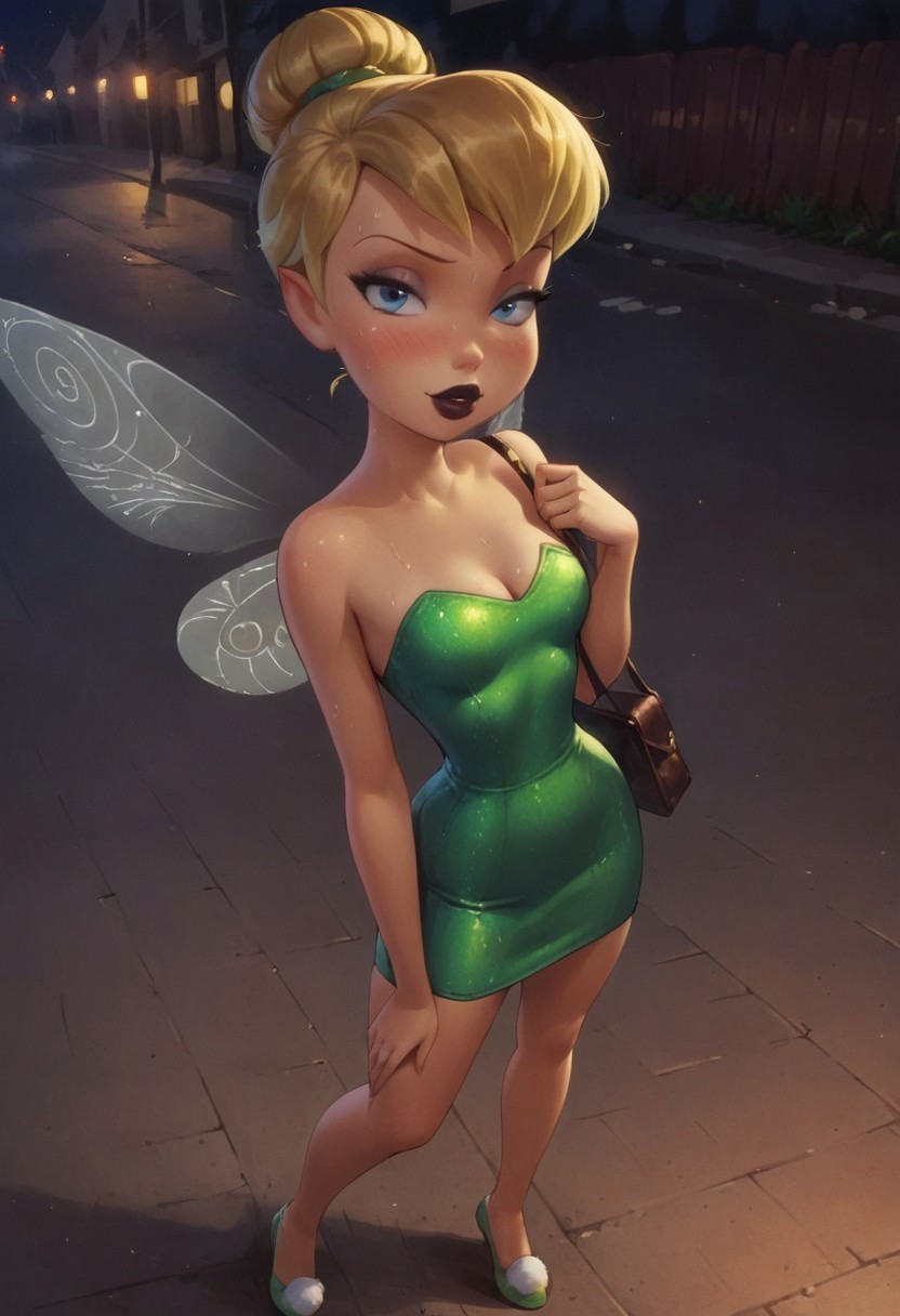 ai_generated blonde_hair blue_eyes blush bun cleavage dating disney eyelashes eyeshadow fairy fairyfella_(ai_generator) female from_above green_dress hairtie high_heels lipstick looking_at_viewer makeup medium_breasts night outdoors parted_lips peter_pan_(disney) pointy_ears purse shoes short_dress strapless_dress street thighs tight_dress tinker_bell touching_leg touching_self touching_thigh wings