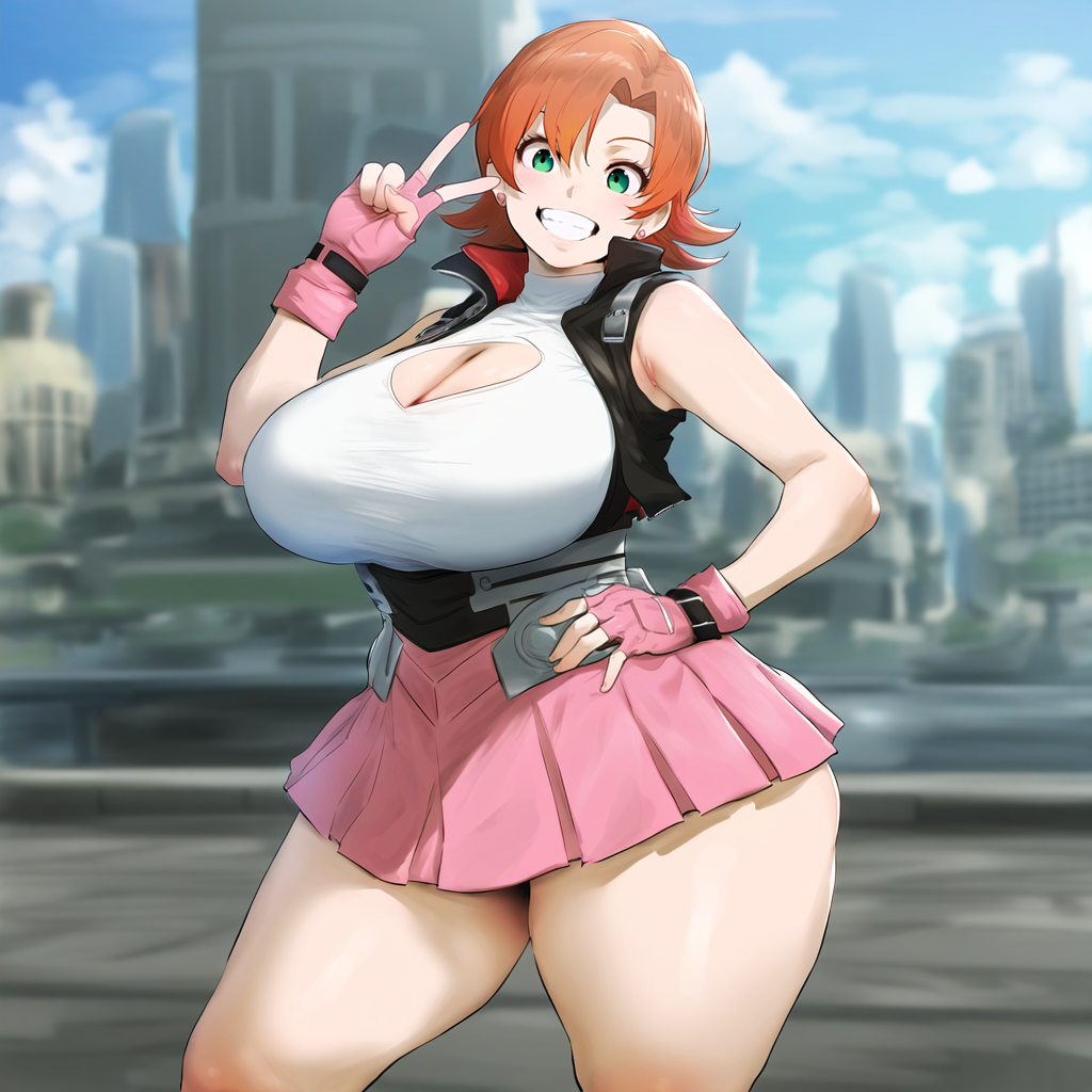 1girls ai_generated big_breasts cleavage curvaceous curvy_female female female_only fingerless_gloves green_eyes hand_on_hip large_breasts light-skinned_female light_skin m4k03_ miniskirt nora_valkyrie orange_hair peace_sign posing rooster_teeth rwby short_hair short_skirt smiling thick thick_thighs voluptuous voluptuous_female wide_hips