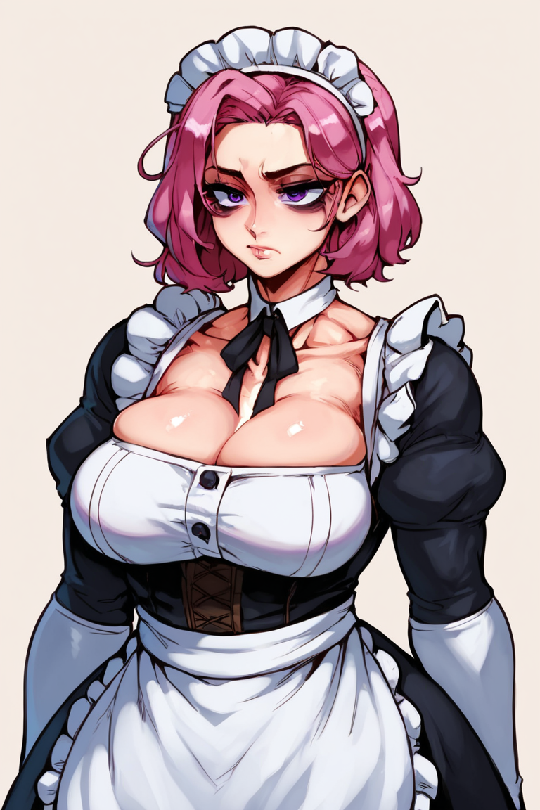 1girl 1girls ai_generated alternate_muscle_size bags_under_eyes biceps big_eyes bodybuilder broad_shoulders cleavage collarbone cute enmaided female frills groin_tendon large_breasts maid maid_dress maid_headdress maid_outfit maid_uniform medium_hair muscular muscular_female neck_ribbon obliques oc original_character pale_skin pectorals pink_hair purple_eyes ribbon serious simple_background skindentation sleep_deprived sleepiness solid_background t-shirt toned toned_female triceps upper_body v-taper vector_trace victorian_maid white_background wide_hips