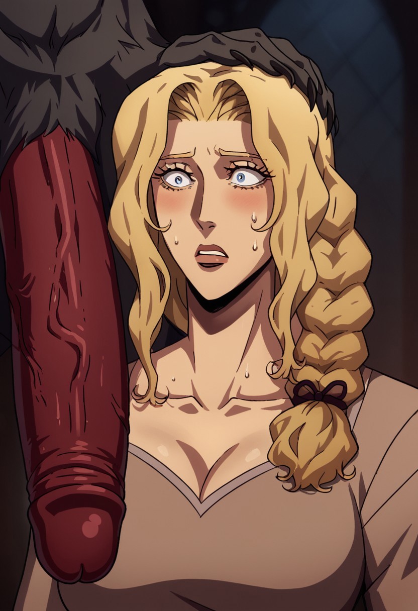 ? ai_generated anonymous_man big big_breasts blonde_hair blush castlevania castlevania_(netflix) cock imminent interspecies lisa_tepes long_hair milf monster mother scared sex surprised sweat sweating werewolf white_woman