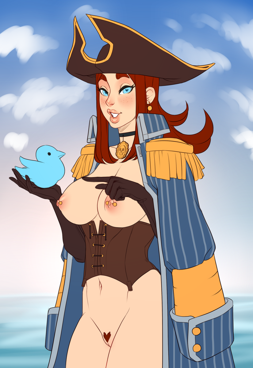 belly belt blue_eyes breasts coat corset detailed_background female female_only fizzz flamm freckles hat heart heart-shaped_pupils lips long_hair looking_at_viewer medium_breasts nipple_piercing nipples piercing pirate pirate_hat pubic_hair pussy red_hair sky solo standing twitter