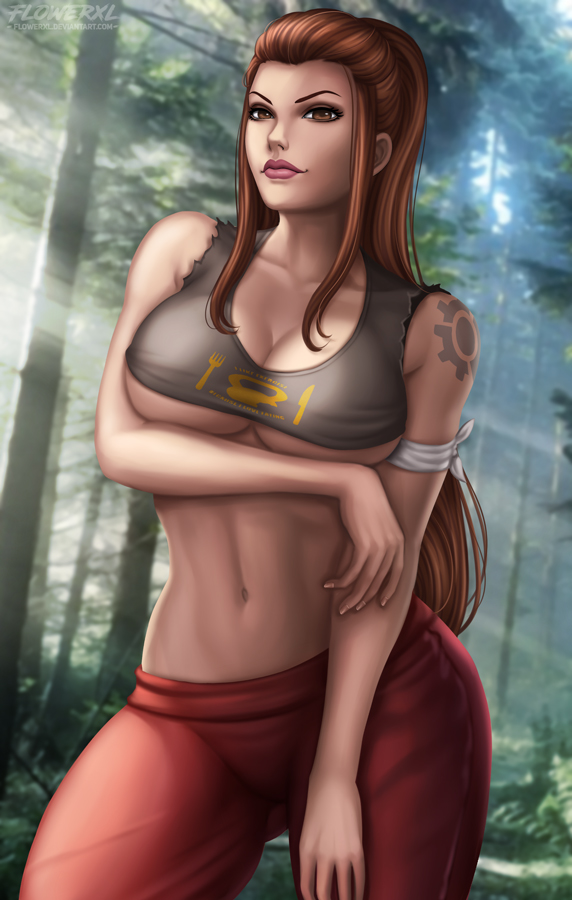 1girls, 2d, abs, bandage, belly, big breasts, breasts, brigitte, brigitte lindholm, brown eyes, brown hair, cleavage, clothed, female, female only, flowerxl, lipstick, long hair, looking at viewer, midriff, navel, outdoors, overwatch, pants, pinup, shirt, smile, solo, standing, tank top, tattoo, text, underboob, watermark