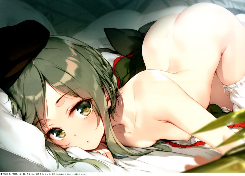 1girls ass bed bloomers bloomers_around_one_leg blush breasts collarbone green_eyes green_hair looking_at_viewer lying nipples nude on_stomach pillow small_breasts teireida_mai touhou underwear white_bloomers