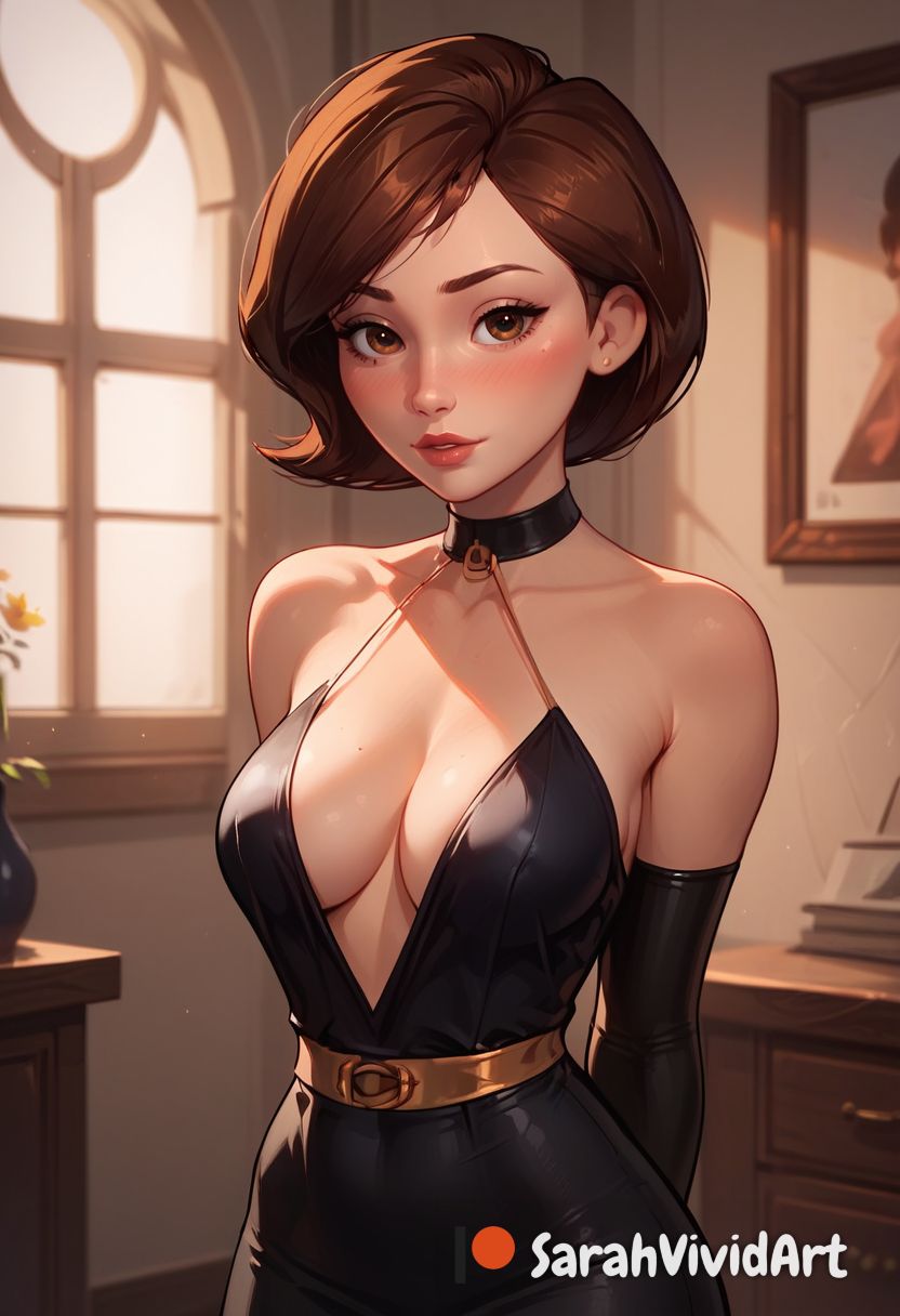 1girls ai_generated belt black_dress black_gloves blush blushed bob_cut brown_hair cleavage clothed collar disney elbow_gloves female female female_focus helen_parr medium_breasts milf older_female pixar plunging_neckline pose sarahvividart seductive seductive_eyes seductive_look sexy_dress shiny_skin short_hair solo solo_focus standing the_incredibles the_incredibles_2