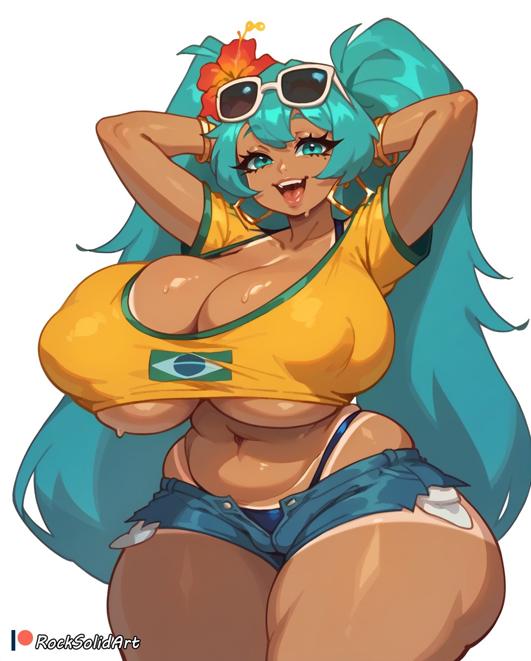 1girls absurd_res accessory ai_assisted arms_behind_head arms_up ass ass_visible_through_thighs bent_over big_breasts blue_eyes blue_hair brazilian brazilian_female brazilian_miku breasts breasts_bigger_than_head busty chubby chubby_female curvaceous curvy curvy_figure dark-skinned_female dark_skin digital_media_(artwork) eyebrows eyelashes female female_focus female_only flower_in_hair glasses glasses_on_head hatsune_miku hi_res hourglass_figure jewelry latina looking_at_viewer motion_lines nipple_bulge nipples_visible_through_clothing partially_clothed plump rocksolidart slightly_chubby solo sweat sweatdrop sweaty tagme thick_thighs vocaloid voluptuous voluptuous_female wide_hips