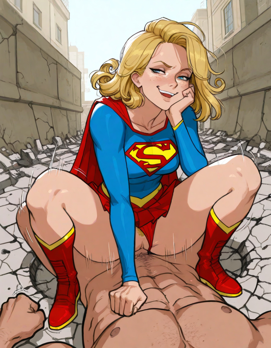 1boy, 1girls, ai generated, amused, blonde hair, blue eyes, close-up, curly hair, dc, dc comics, destructive sex, dominant female, exhibitionism, female, freckles, hand on head, kara zor-el, male, outdoors, outside, panties, panties aside, pov, pubic hair, public, public exposure, public indecency, public nudity, rape, reverse rape, sex, smile, smiling, smiling at viewer, smirk, smug, straight, supergirl, superman (series)
