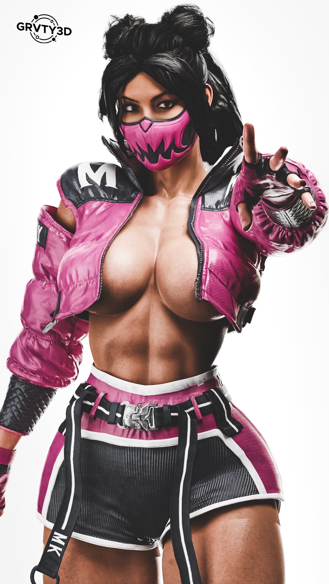 abs athletic_female face_mask gloves grvty3d jacket_only jacket_open masked_female mileena mortal_kombat mortal_kombat_1_(2023) muscular_female reaching_towards_viewer shirtless tagme