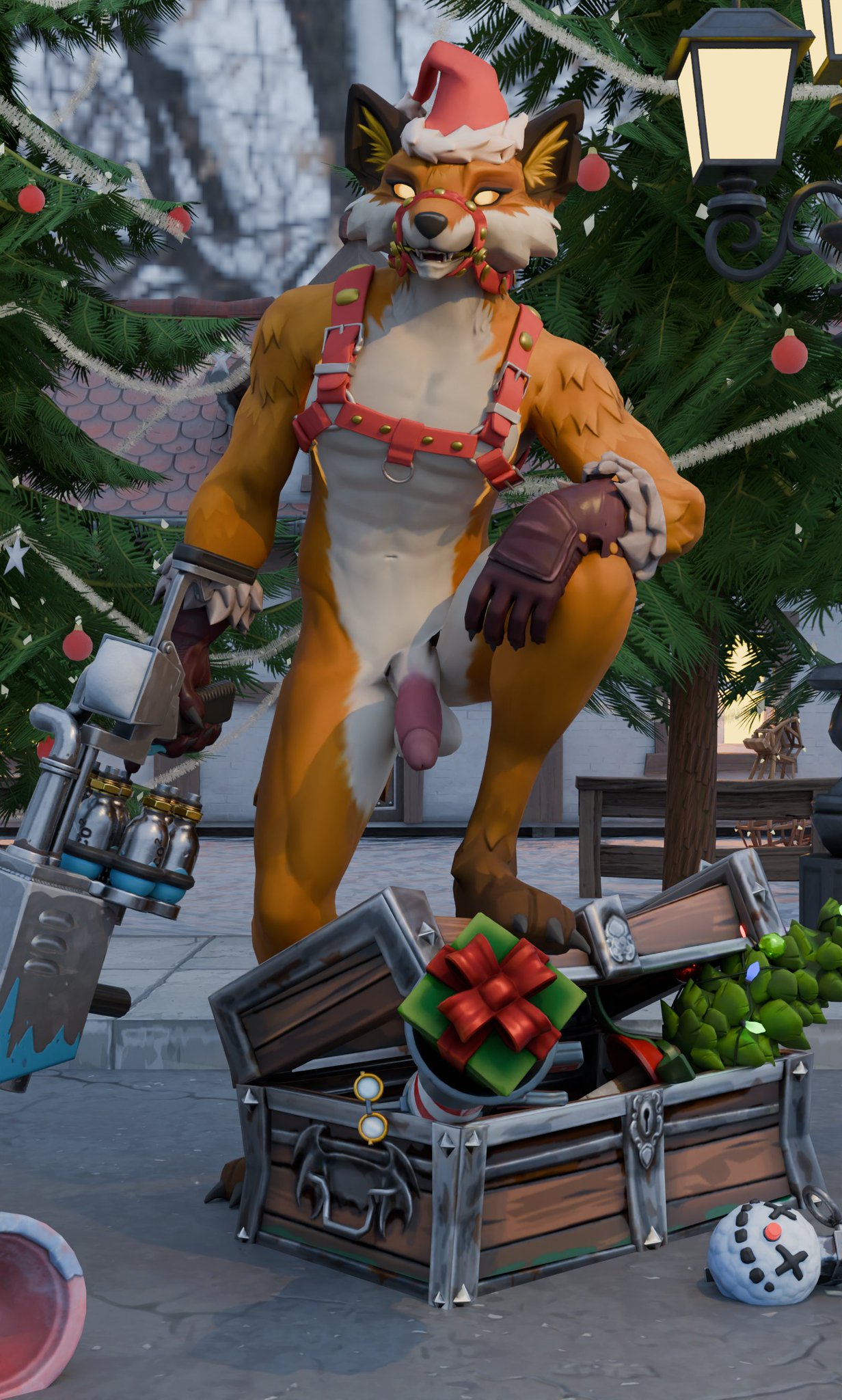 anthro canid canine christmas christmas_clothing christmas_headwear christmas_tree clothing epic_games fennix_(fortnite) fortnite fox genitals harness hat headgear headwear hi_res holidays male mammal nude pat3awelitas300 penis plant red_fox santa_hat solo tree true_fox weapon winter