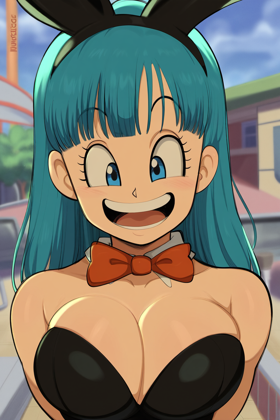 1girls ai_generated big_breasts blue_hair bulma_briefs bunnysuit cleavage dragon_ball female mature_female milf mullon novelai