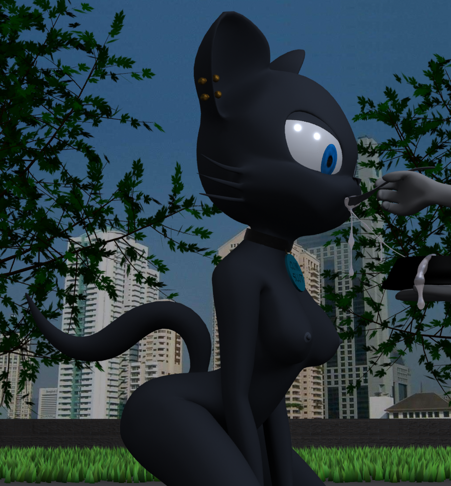 3d anthro black blue_eyes bowl breasts building collar cum cum_drinking cum_drip cum_dripping cum_in_mouth cum_string destiny destiny_blackmoon dripping ear_piercing feline fence fur furry grass kneeling nipples nude park piercing public tree whiskers wood