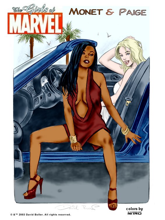 00s 2000s 2003 2girls black_hair blonde_hair car dark-skinned_female dark_skin david_boller dress generation_x high_heels husk marvel monet_st._croix straight_hair x-men